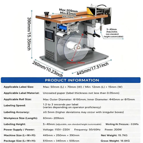 Avsmgp High Speed Flat Label Applicator With Precision Plc Control System, showcasing adjustable settings and label dimensions.