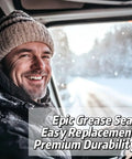 Smiling driver in winter gear promotes epic grease seal replacement with premium durability benefits.