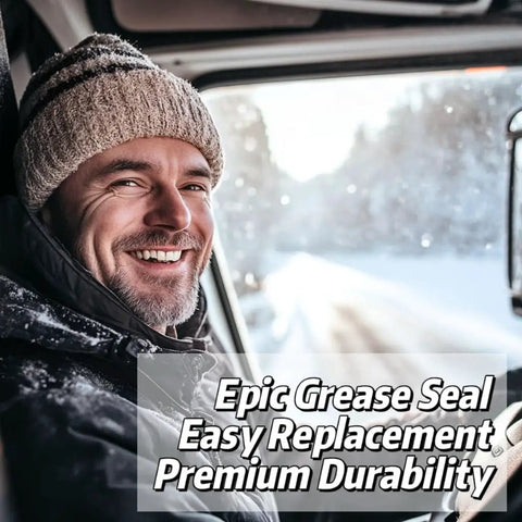 Smiling driver in winter gear promotes epic grease seal replacement with premium durability benefits.