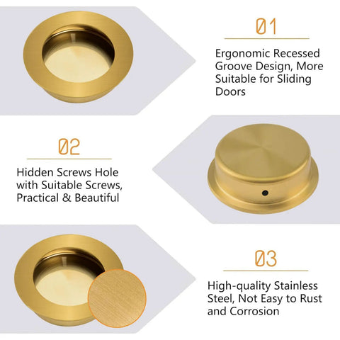 Slick Round Finger Pull Set 2 Pack Brushed Gold Flush Recessed Door Handles Stainless Steel Invisible Pulls ergonomic design
