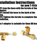 Installation instructions for T-fitting with 6mm OD hose, showing step-by-step guide and brass T-adaptor image.