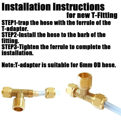 Installation instructions for T-fitting with 6mm OD hose, showing step-by-step guide and brass T-adaptor image.