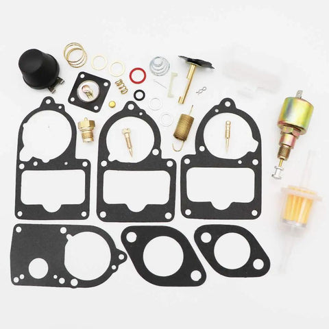Carburetor Rebuild Kit For VW Solex Brosol Bocar 28 PICT To 34 PICT-3 with gaskets, cutoff valve, and float components displayed