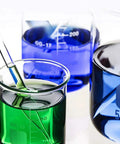 Glass Beaker Set for Lab Work 5 Piece Beaker Kit 50ml 100ml 250ml 500ml 1000ml with colored liquids and glass stirring rods