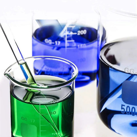 Glass Beaker Set for Lab Work 5 Piece Beaker Kit 50ml 100ml 250ml 500ml 1000ml with colored liquids and glass stirring rods