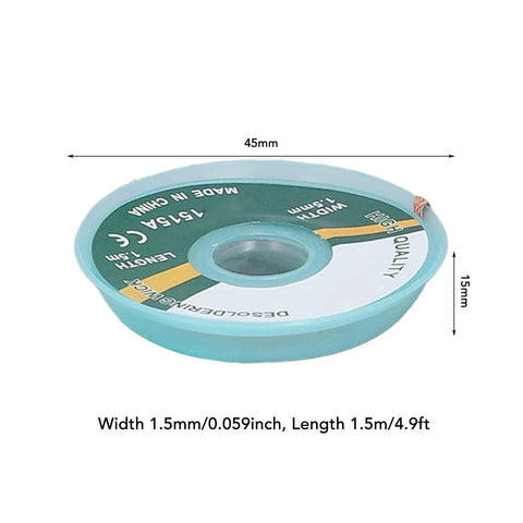 Five Pack Solder Wick 1.5mm By 1.5m Alloy Copper Desoldering Braid spool dimensions shown