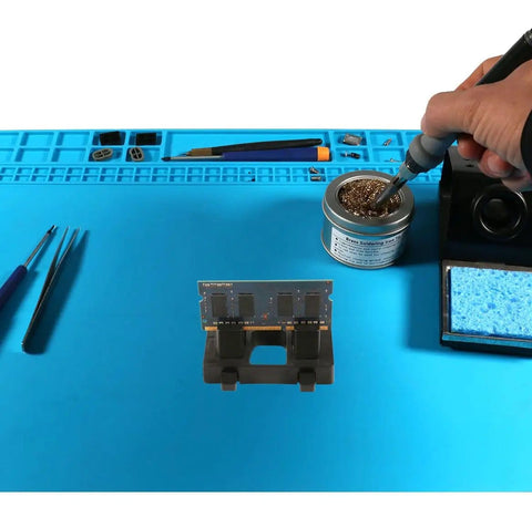 Ultimate 6-Pack Portable Soldering Assist Stands for Cables on blue mat with tools