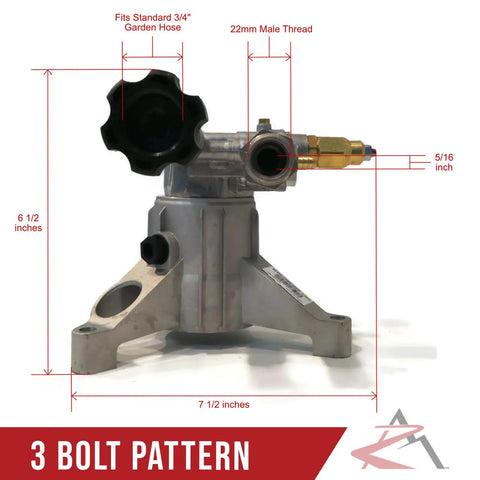AR 2600 Psi Power Pressure Washer Water Pump Replacement Fits Troy-Bilt 020240 020240-0 Seven-Eighths Inch Shaft Three-Bolt Pattern 2.2 GPM 140 Degree Max Temperature showing three-bolt design and measurements