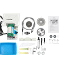 All In One Lapidary Saw And Grinder Kit For DIY Jewelry Making 110V Mini Table Saw Polisher with accessories laid out on table.