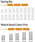 Diagram showing sizes of spring bars and watch band cotter pins in the Go To All In One Watch Band Repair Kit With Link Remover And Spring Bar Tools Pro Grade Set Includes 108 Spring Bars 20 Link Pins Replacement Punches Hammer Cleaning Cloth And Easy Strap Resize For Any Size.