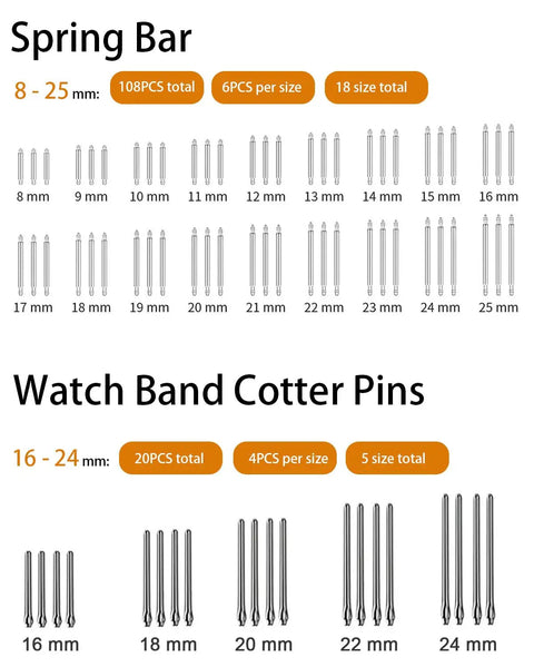 Diagram showing sizes of spring bars and watch band cotter pins in the Go To All In One Watch Band Repair Kit With Link Remover And Spring Bar Tools Pro Grade Set Includes 108 Spring Bars 20 Link Pins Replacement Punches Hammer Cleaning Cloth And Easy Strap Resize For Any Size.