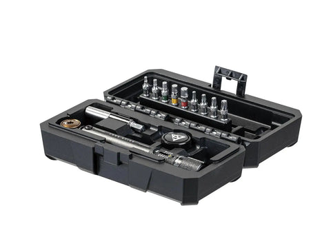 Pro Grade Adjustable Torque Kit 2 To 10 Nm With 9 Bit Set in portable bike tool box, shown open with Allen and Torx bits.