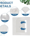 White Hinged Removable Drywall Access Panels Smooth Action Straightforward Install No Hassle Wall Cover For Plumbing Electrical Wiring Heavy Duty Abs Plastic 3 Pack 5 By 5 Inches product details showing hinges, handle, and latch.