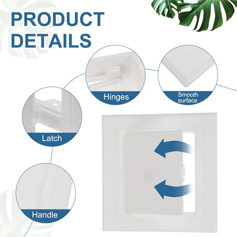 White Hinged Removable Drywall Access Panels Smooth Action Straightforward Install No Hassle Wall Cover For Plumbing Electrical Wiring Heavy Duty Abs Plastic 3 Pack 5 By 5 Inches product details showing hinges, handle, and latch.
