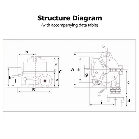 Structure diagram with dimensions of Heavy Duty Three Jaw Chuck Universal Indexing Head For Cnc Milling Machines.