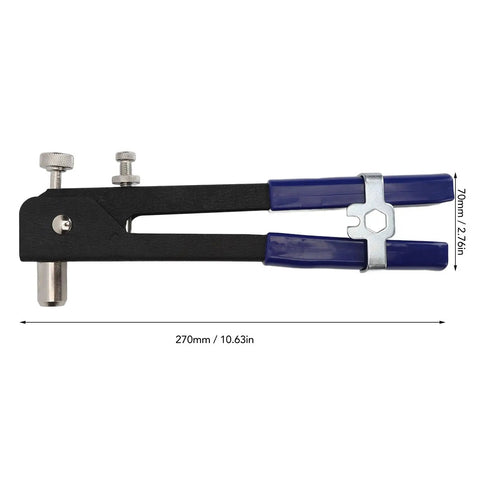 86 Piece Rivet Nut Tool Kit With Alloy Steel Build Includes 5 Mandrels And 80 Rivets For DIY Furniture Restoration And Car Modification Durable Storage Box Pro Grade Fastening Gear For Quick Repairs, shown is the blue-handled rivet tool with measurement details
