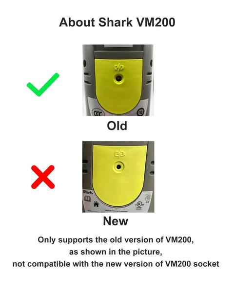 Comparison of old and new Shark VM200 sockets, showing compatibility for Charger For Shark Vacmop VM200 VM190 VM20026 VC200 UM200 UM205 VC205 10.8V Lithium Ion Battery Cordless Hard Floor Vacuum Mop Charger With Fast Charge And Safe Auto Shutoff Not For 2025 Or Later Versions