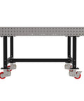 Rock Solid Mobile Welding Fixture Table 60X60X36 with slick laser cut grid holes and heavy duty locking casters side view.