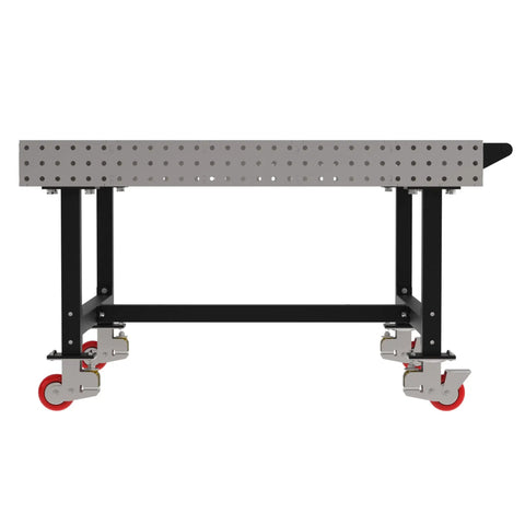 Rock Solid Mobile Welding Fixture Table 60X60X36 with slick laser cut grid holes and heavy duty locking casters side view.