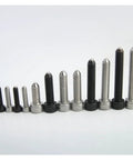 Badass Stainless Steel and Carbon Steel Ball Spring Plungers with Hex Socket Setscrews in various sizes arranged in a row.