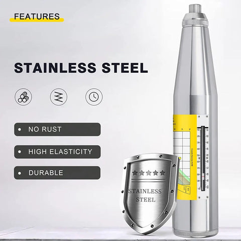 Concrete Rebound Hammer Tester ZC3A Pro Grade with English label, stainless steel, showing durability and elasticity features.