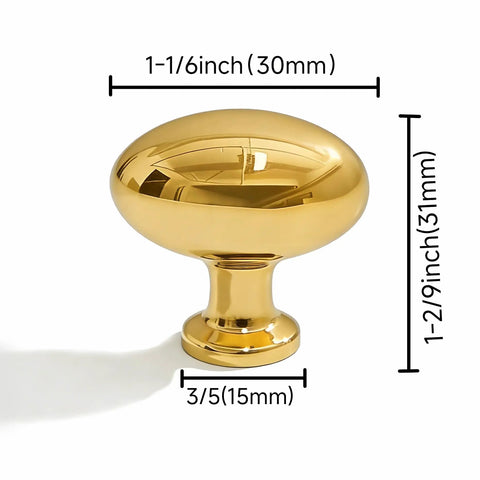 Solid Unlacquered Brass Oval Cabinet Knobs Set Of Ten Vintage Retro Egg Pull Handles For Kitchens Bathrooms And Dressers 1 1 8 Inch Top Shelf Home Hardware Refresh close-up view showing size and shape