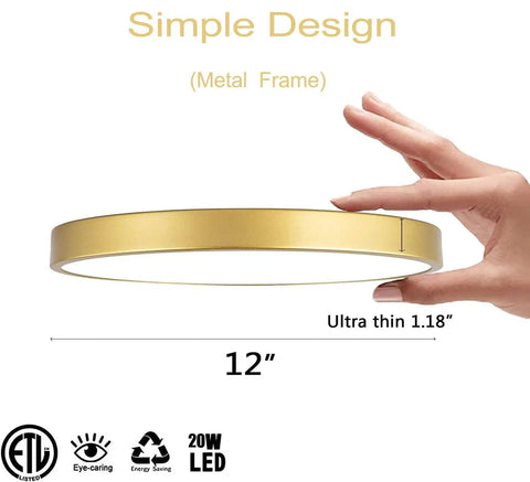 Hand holding Gold 12 Inch Flush Mount Ceiling Light With 3 Color Temperature Adjustable From 3000K To 5000K, 20W Round LED Fixture