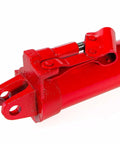 Red 8-ton hydraulic ram jack with clevis base; close-up view of piston and hinge