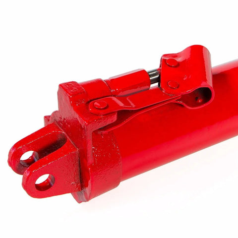 Red 8-ton hydraulic ram jack with clevis base; close-up view of piston and hinge