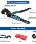 Upgraded Hydraulic Cable Railing Crimping Tool For One Eighth Inch Stainless Steel Cable Railing Kit shown with accessories
