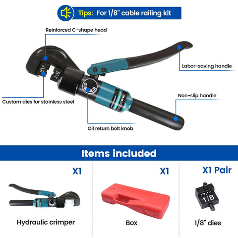 Upgraded Hydraulic Cable Railing Crimping Tool For One Eighth Inch Stainless Steel Cable Railing Kit shown with accessories