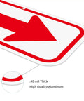 Close-up of Two Pack Red And White Arrow Signs 12X6 Inch Heavy Duty Aluminum Reflective Directional Markers showing thickness and quality.