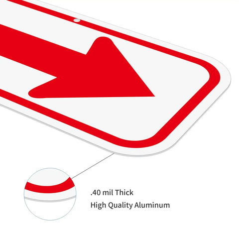 Close-up of Two Pack Red And White Arrow Signs 12X6 Inch Heavy Duty Aluminum Reflective Directional Markers showing thickness and quality.