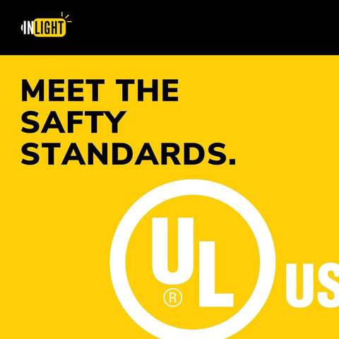 Yellow and black UL certification logo with text "Meet the Safety Standards" on product packaging.