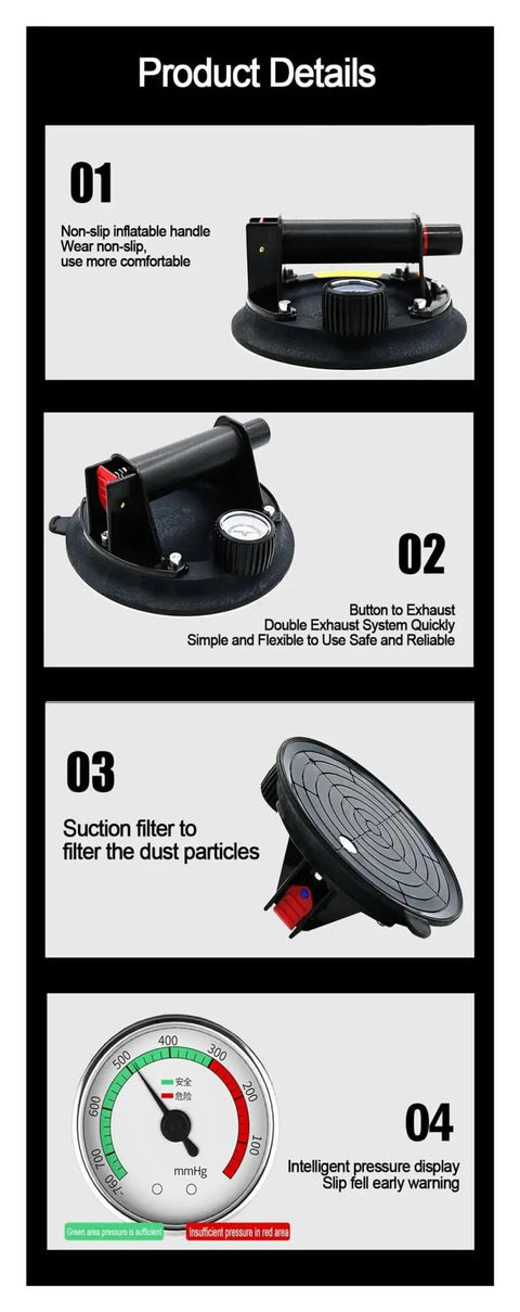 Granite Seam Setter 8-Inch Glass Suction Cup With Built-In Pressure Gauge, anti-slip handle, aluminum base, product details
