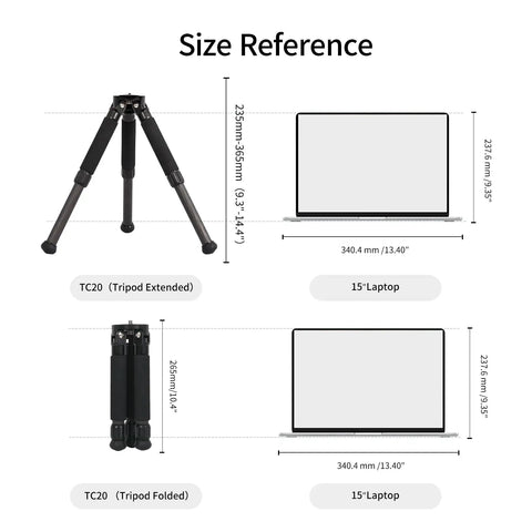 Size reference for Seestar Tripod Head TH10 And TC20 with extended and folded views alongside 15-inch laptop.