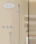 Shower System 10 Inch Wall Mounted Rain Shower with Handheld Spray Combo in modern bathroom setting with chrome finish.