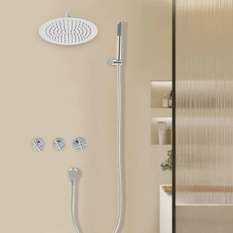 Shower System 10 Inch Wall Mounted Rain Shower with Handheld Spray Combo in modern bathroom setting with chrome finish.