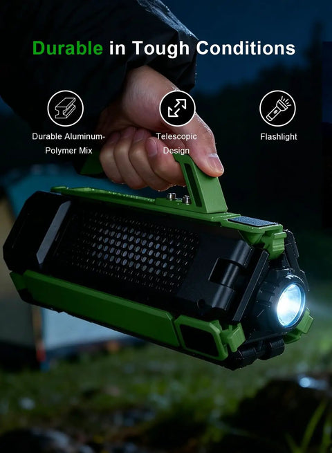 Holding Massive 15000mAh Rechargeable Telescopic Camping Light Lantern With Reinforced Tripod Base in hand at night, Green