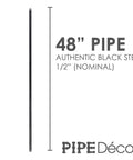 Vertical view of 1/2 inch by 48 inch black pipe, part of Half Inch Black Pipe Nipple 48 Inch Pack of 4 for DIY vintage furniture build.