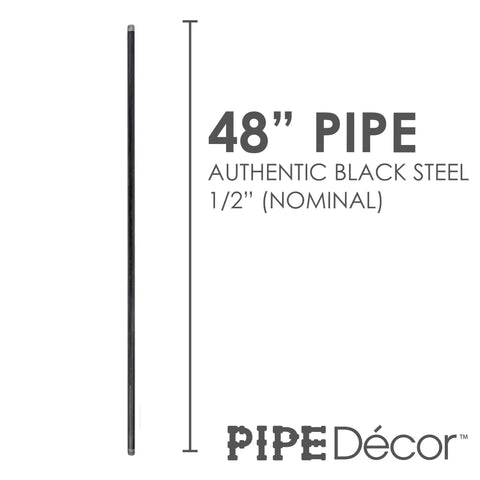 Vertical view of 1/2 inch by 48 inch black pipe, part of Half Inch Black Pipe Nipple 48 Inch Pack of 4 for DIY vintage furniture build.