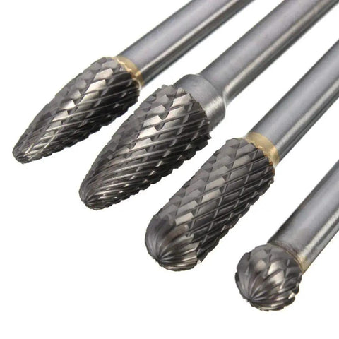 Long Shank Tungsten Carbide Burr Set Four Piece Die Grinder Bits Six Inch Total Length, Durable Metalworking Burrs