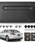 Rear License Plate Holder for Tesla Model 3 and Model Y Mount Kit with bracket, screws, caps, shown with car and padding set.