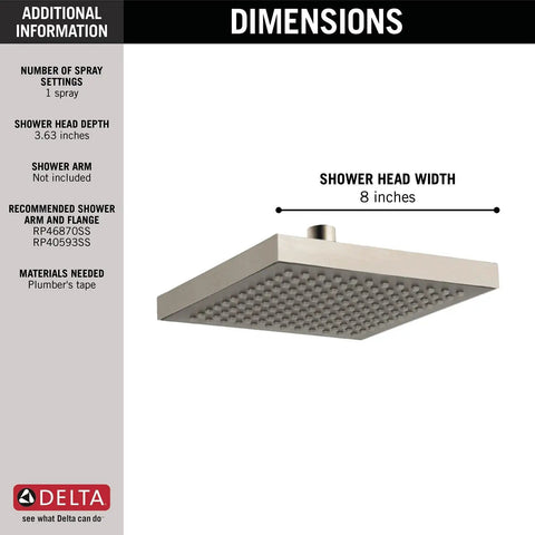 Brushed Nickel 8-Inch Rain Shower Head Square Overhead Rainfall, 2.5 GPM Flow, Stainless Steel RP50841SS, side view.