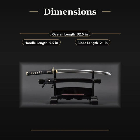 Wakizashi Iaito Training Sword Unsharpened Stainless Steel For Iaido Practice with dimensions; 21 inch blade, 32.5 inch overall.