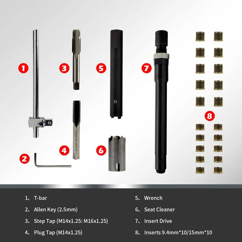 Ready To Roll M14x1.25 Spark Plug Thread Repair Kit With 9.4mm And 15mm Inserts 20 Piece Set Includes Drill Taps Tap Holder Insert Installer Wedge And Storage Case For Cars Lawn Mowers And Small Engines, tools and brass inserts laid out