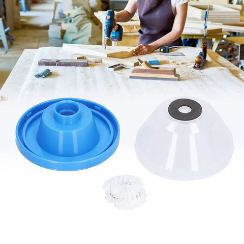 Super Handy Large Capacity Dust Collector for Electric Drills, blue and white bowl-shaped design with attachment and brush for easy use.