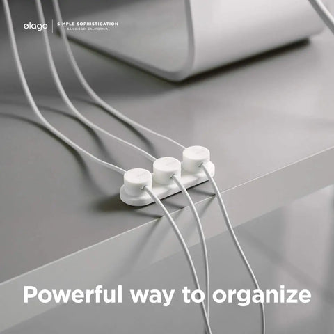 Magnetic Cable Management Buttons And Holder To Keep Three Cables Neat And Tidy on a desk, Midnight Black, silicone buttons