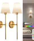 Set Of Two Battery Powered Wall Sconces Featuring Rechargeable E26 Led Bulbs Sleek Modern Frame No Wire Hassle Straight Forward Install To Amp Up Your Hallway Game Changing Lighting Upgrade, gold frame, fabric shades, remote control.