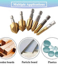 Six Piece 90 Degree HSS Countersink Drill Bit Set With One Quarter Inch Hex Shank For Wood, Pro Grade, with application uses